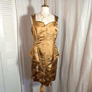 Vintage Dress Size S/M Women’s Satin Golden Oriental Mini Peplum Mini Dress